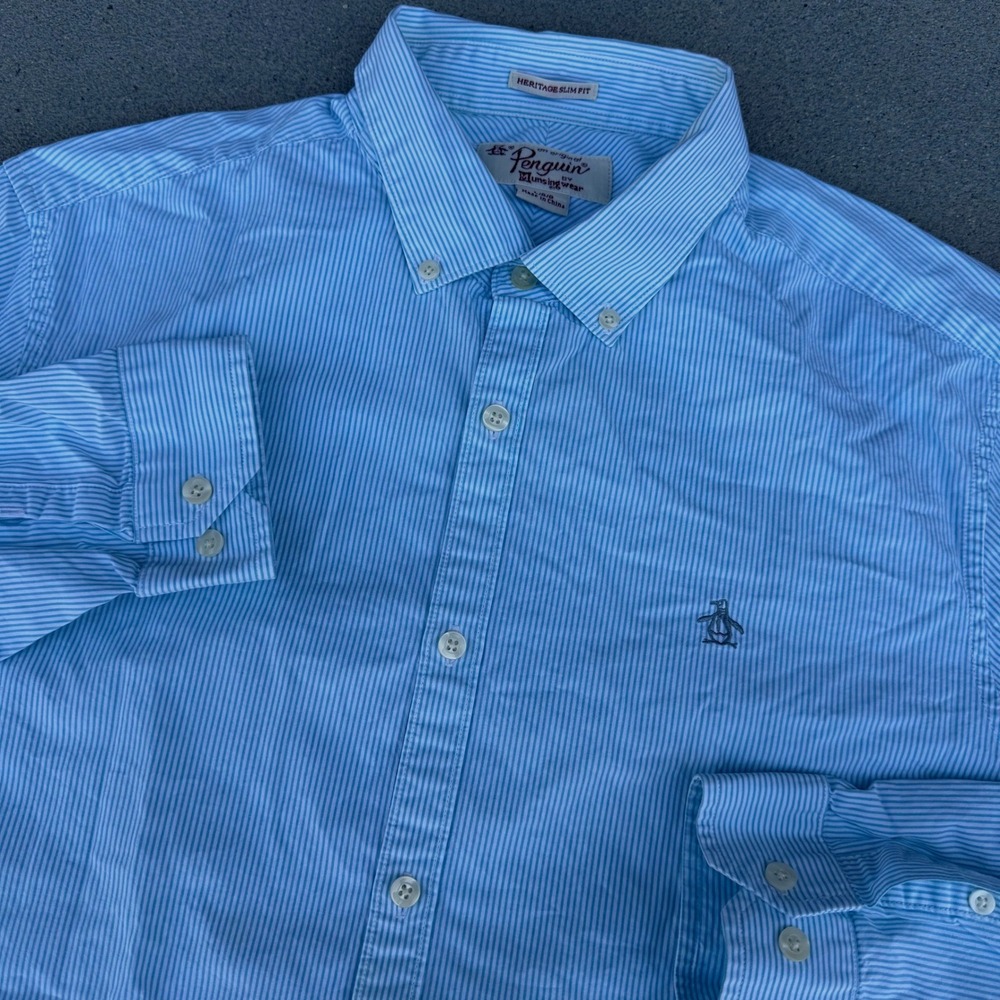 Original Penguin Heritage Slim Fit Blue Pinstripe Button Down Shirt Mens Large